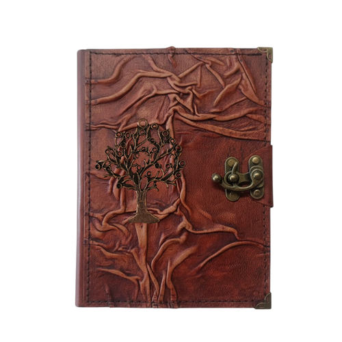 Genuine Sheepskin Leather Journal, Blank Chamois Paper | Full Wrinkled | Antique Metal Motif | Abstract Tree of Life