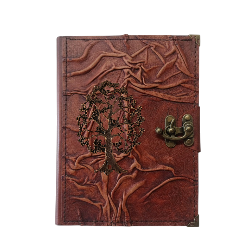 Genuine Sheepskin Leather Journal, Blank Chamois Paper | Full Wrinkled | Antique Metal Motif | Woodland Tree of Life