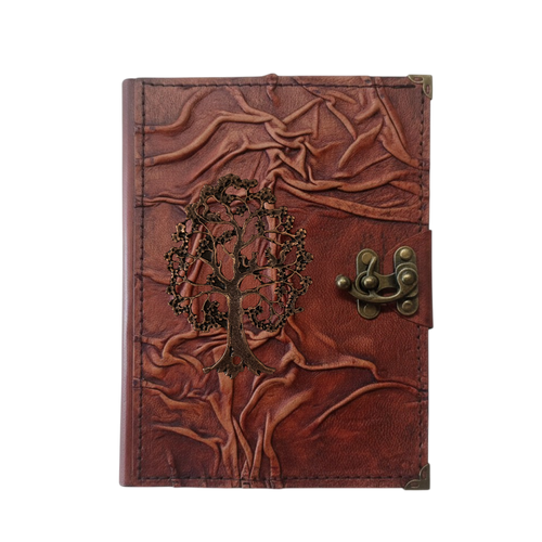 Genuine Sheepskin Leather Journal, Blank Chamois Paper | Full Wrinkled | Antique Metal Motif | Woodland Tree of Life