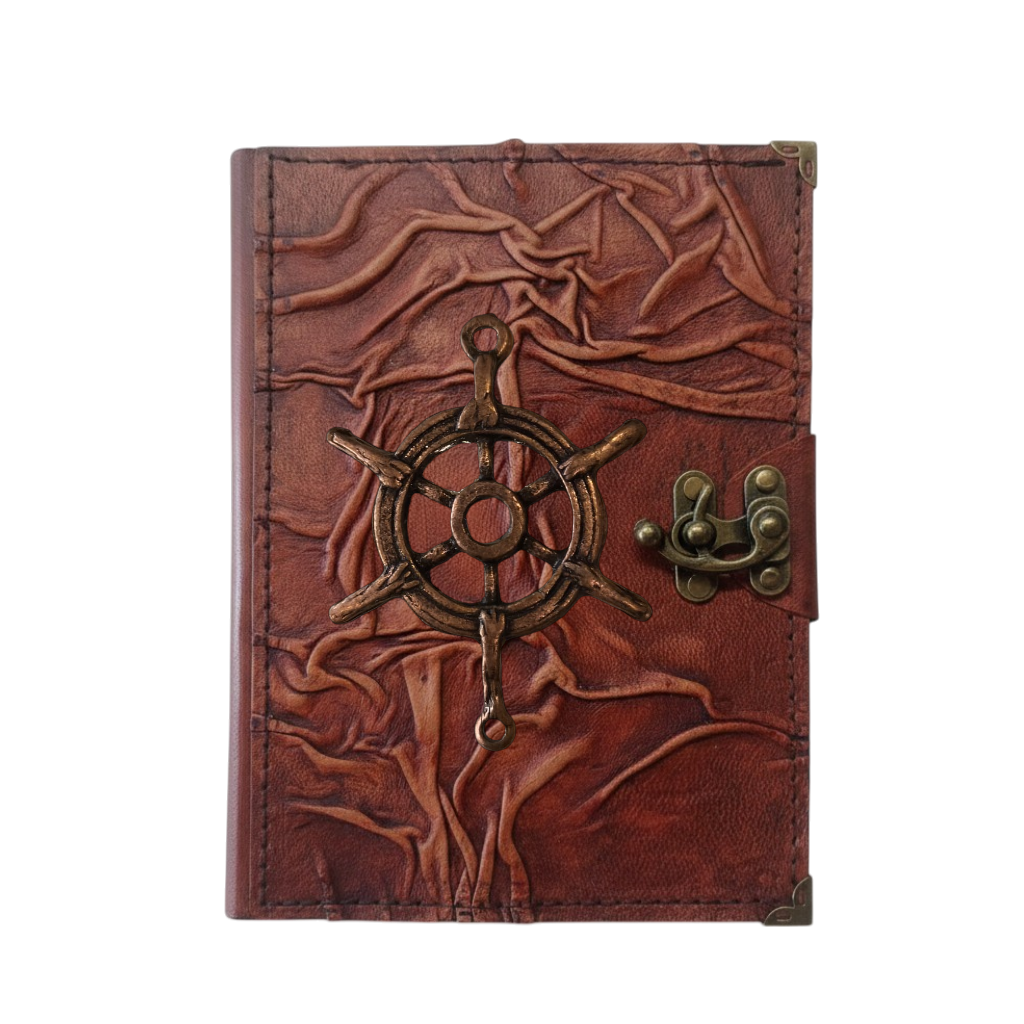 Genuine Sheepskin Leather Journal, Blank Chamois Paper | Full Wrinkled | Antique Metal Motif | Nautical Ship Wheel