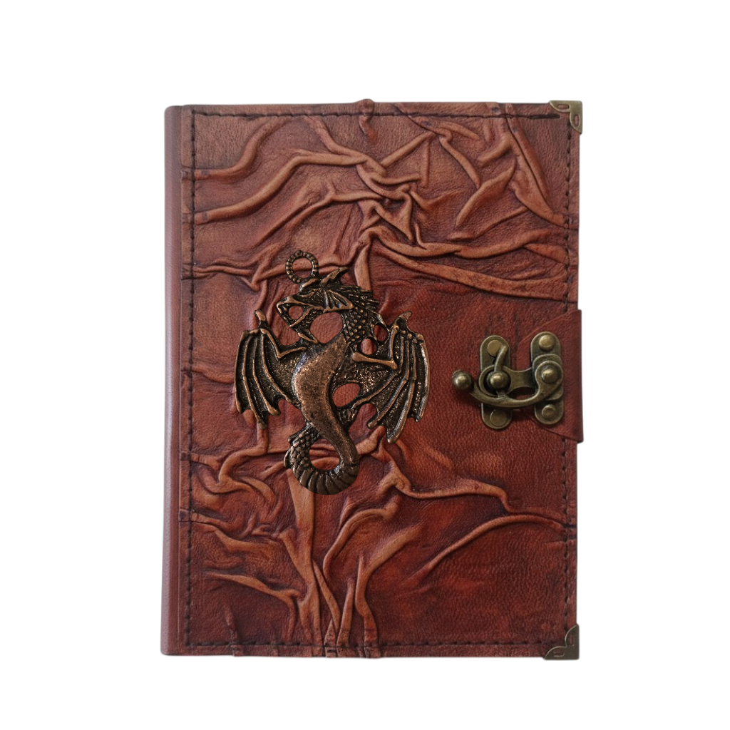 Genuine Sheepskin Leather Journal, Blank Chamois Paper | Full Wrinkled | Antique Metal Motif | Winged Serpent Dragon
