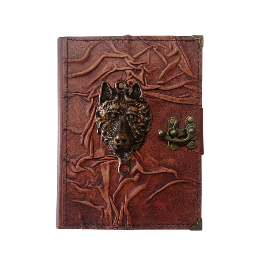 Genuine Sheepskin Leather Journal, Blank Chamois Paper | Full Wrinkled | Antique Metal Motif | Wolf Head