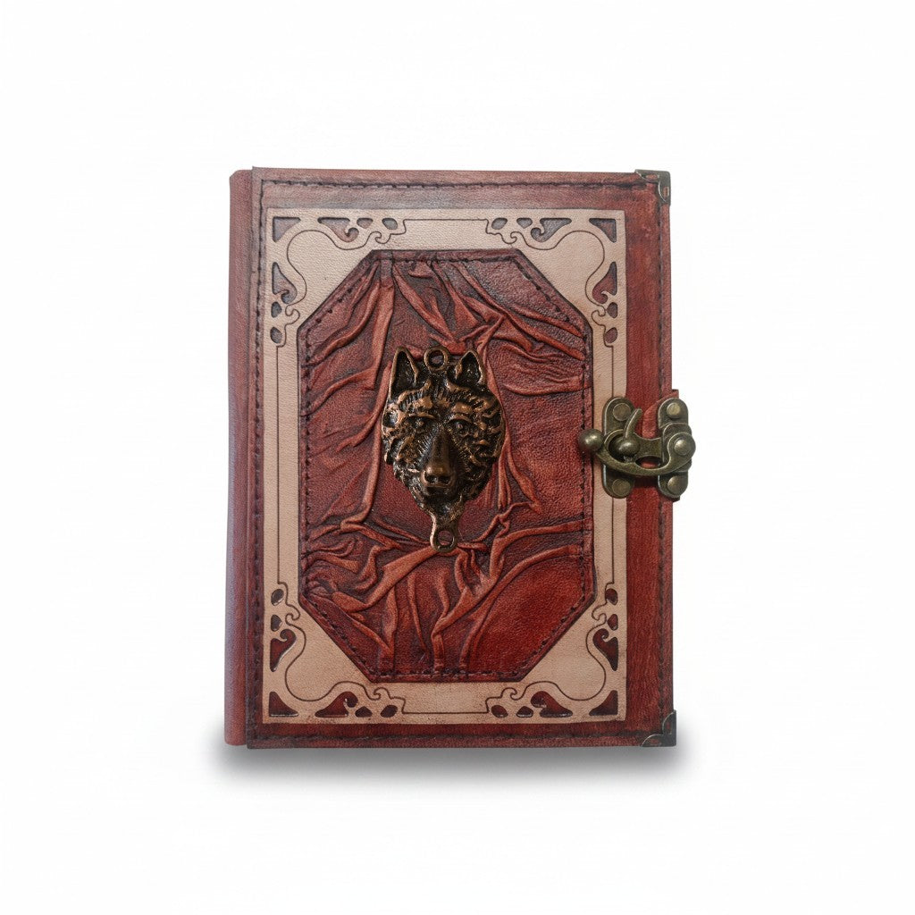 Hakiki Koyun Derisi Şamua Kağıt Defter | Klasik Çerçeve Kıvrıklı | Antik Metal Döküm | Kurt Kafası